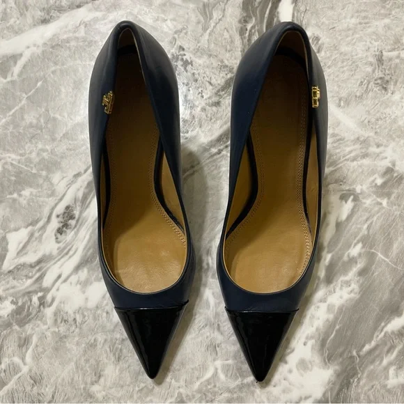 Tory Burch Penelope 85MM Cap Toe Pump Heels Size US 6 Ink Navy Perfect Black - Picture 2 of 15